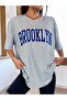 Women's Blue Letter Brooklyn Printed Gray Oversize Unisex T-shirt - 3