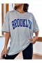Women's Blue Letter Brooklyn Printed Gray Oversize Unisex T-shirt - 4