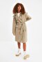Beige Oversized Wide-Cut Belted Water-Repellent Long Trench Coat TWOAW22TR0010
