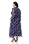 Plus Size V-Neck Waist And Sleeve Elastic Chiffon Long Lined Navy Blue Dress - 5