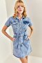 Women's Blue Belted Snap Button Denim Dress 40701020 - 4