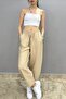 Women's Comfortable Cut Elastic Waist Woven Pocket Trousers Stone Color - 3