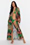 Tropikal Desenli Dokuma %100 Pamuk Maxi Plaj Kuşaklı Kimono&Kaftan TBESS23KM00057 - 2