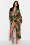 Tropikal Desenli Dokuma %100 Pamuk Maxi Plaj Kuşaklı Kimono&Kaftan TBESS23KM00057 - 3