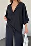 Women's Seersucker Bat Sleeve V-Neck Blouse And Trousers Oversize Black Two-piece Suit 9581 - 2