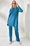 Women's Indigo Slit Top Blouse Bottom Palazzo Corded Fabric Set TKM-19000180 - 3