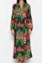 Tropikal Desenli Dokuma %100 Pamuk Maxi Plaj Kuşaklı Kimono&Kaftan TBESS23KM00057 - 4