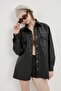 Women's Black Pocket Faux Leather Jacket Shirt