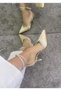 Cream-Colored Women's Open-Back Stoned Ankle-Strap Classic Heeled Shoes - 3