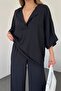 Women's Seersucker Bat Sleeve V-Neck Blouse And Trousers Oversize Black Two-piece Suit 9581 - 3