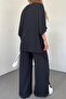 Women's Seersucker Bat Sleeve V-Neck Blouse And Trousers Oversize Black Two-piece Suit 9581 - 4