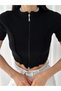 Black Reverse Stitch Short Sleeve Zippered Women's Ribbed Crop Bodysuit - 4
