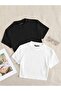 Women's 2-Pack Black Ribbed Crew Neck Ribbed Knit Cropped Blouse