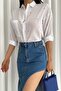 Women's Single Pocket Folding Sleeve Blue Heart Embroidery Embroidered Thin Cotton Shirt - 4