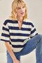 Women's Navy Blue White Polo Collar Striped Oversize Knitwear Sweater 20235063