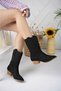 Black Suede Laser Cut Perforated Low Heeled Summer Boots