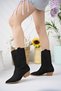 Black Suede Laser Cut Perforated Low Heeled Summer Boots - 2