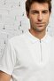 Men's Ecru Slim Fit Narrow Cut Zippered Polo Neck Textured Fabric Short Sleeve T-Shirt - 4