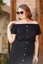 Women's Plus Size Ornamental Button Madonna Collar Waist Elastic Viscose Stretchy Midi Dress - 3