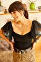 Women's Black Sleeve Tulle Detailed Blouse BLZ-19001048 - 5