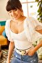Women's White Blouse with Tulle Sleeve Detail BLZ-19001048 - 2