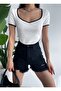 White Sweetheart Neckline Short Sleeve Ribbed Women's Crop Blouse - 3