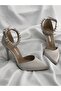 Beige Satin Heeled Jeweled Stiletto