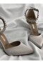 Beige Satin Heeled Jeweled Stiletto - 2