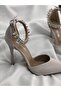 Beige Satin Heeled Jeweled Stiletto - 3