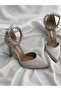Beige Satin Heeled Jeweled Stiletto - 4
