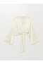 V-Neck Plain Long Sleeve Crop Satin Women's Blouse - 6