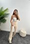 High Waist Ribbed Stitched Quality Crepe Fabric Lycra Gathering Palazzo Trousers Stone Color - 3