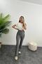 High Waist Quality Crepe Fabric Lycra Palazzo Striped Trousers Gray - 4