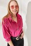 Women's Flamed Fuchsia Wooden Buttoned Three-Quarter Sleeve Linen Shirt GML-19001095 - 2