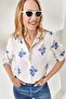 Women's Floral Navy Blue Linen Shirt with Folded Sleeves GML-19000825 - 2