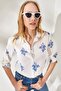 Women's Floral Navy Blue Linen Shirt with Folded Sleeves GML-19000825 - 5