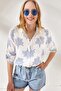 Women's Fan Navy Blue Sleeve Folded Linen Shirt GML-19000825