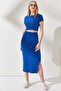 Women's Cobalt Blue Short Sleeve Slit Skirt Lycra Suit TKM-19000194 - 3