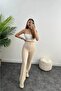 High Waist Ribbed Stitched Quality Crepe Fabric Lycra Gathering Palazzo Trousers Stone Color