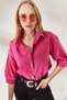 Women's Flamed Fuchsia Wooden Buttoned Three-Quarter Sleeve Linen Shirt GML-19001095 - 4