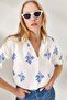 Women's Floral Navy Blue Linen Shirt with Folded Sleeves GML-19000825