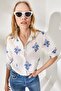 Women's Floral Navy Blue Linen Shirt with Folded Sleeves GML-19000825 - 3