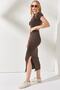Women's Bitter Brown Short Sleeve Slit Skirt Lycra Suit TKM-19000194