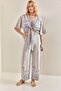 Women's Blue Multi Patterned Front Tie Linen Top and Bottom Set 40801013 - 3