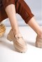 Nude Gold Buckle Leather Daily Use Loafer Women's Shoes - 3