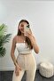 High Waist Ribbed Stitched Quality Crepe Fabric Lycra Gathering Palazzo Trousers Stone Color - 5