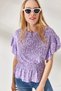 Women's Floral Lilac Waist Elastic Waist Sleeve Ruffle Bat Blouse BLZ-19002201