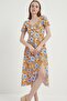 Women's Orange V-Neck Floral Viscose Dress - 3