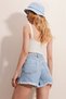 Women's Ice Blue Five-Pocket High Waist Faded Effect Leg Seamless Denim Shorts ALC-X5960 - 4