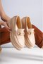 Nude Gold Buckle Leather Daily Use Loafer Women's Shoes - 4